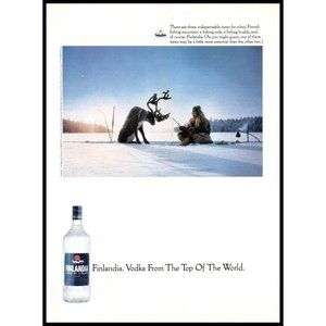 1992 Finlandia Vodka Reindeer Ice Fishing Vintage Print Ad Frozen Lake Wall Art